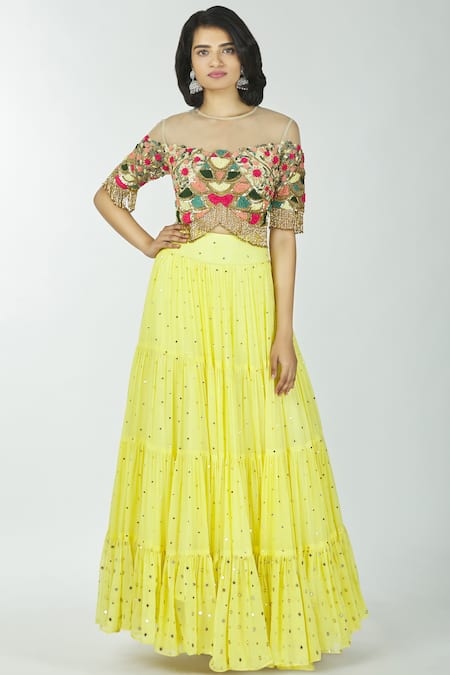 Neha Mehta Couture Yellow Pure Georgette Round Embroidered Lehenga Set 