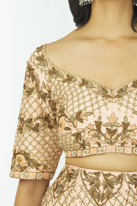 Shop Neha Mehta Couture Peach Silk Leaf Neck Lehenga Set Online at Aza Fashions Shop_Neha Mehta Couture_Peach Silk Leaf Neck Lehenga Set _Online_at_Aza_Fashions