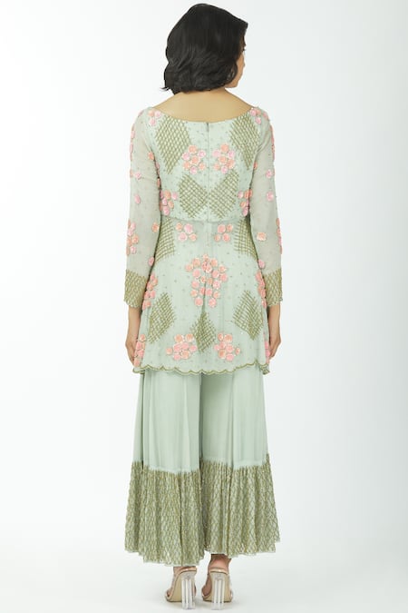 Shop_Neha Mehta Couture_Grey Georgette Round Embroidered Kurta Palazzo Set _at_Aza_Fashions