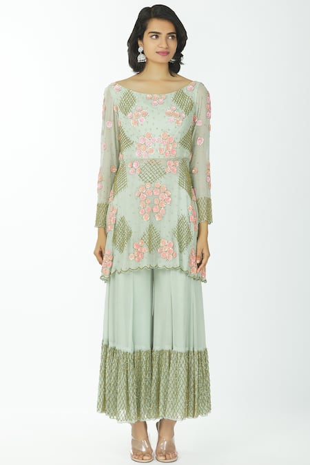 Buy_Neha Mehta Couture_Grey Georgette Round Embroidered Kurta Palazzo Set _Online_at_Aza_Fashions