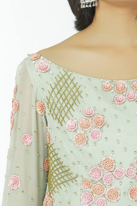 Neha Mehta Couture_Grey Georgette Round Embroidered Kurta Palazzo Set _at_Aza_Fashions