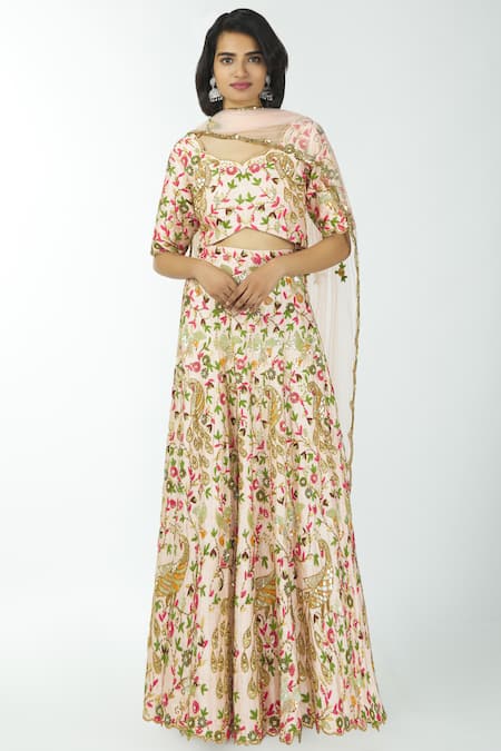 Neha Mehta Couture Peach Silk V Neck Lehenga Set 