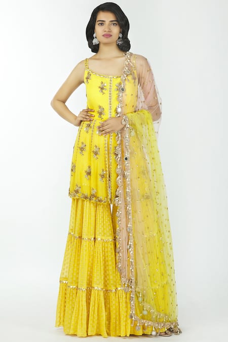 Neha Mehta Couture Yellow Georgette Round Embellished Kurta Sharara Set 