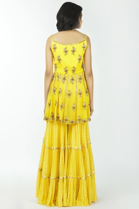 Shop Neha Mehta Couture Yellow Georgette Round Embellished Kurta Sharara Set at Aza Fashions Shop_Neha Mehta Couture_Yellow Georgette Round Embellished Kurta Sharara Set _at_Aza_Fashions