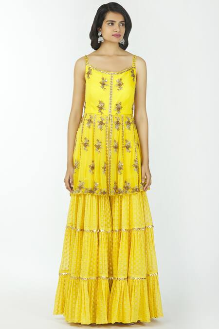 Buy Neha Mehta Couture Yellow Georgette Round Embellished Kurta Sharara Set Online at Aza Fashions Buy_Neha Mehta Couture_Yellow Georgette Round Embellished Kurta Sharara Set _Online_at_Aza_Fashions