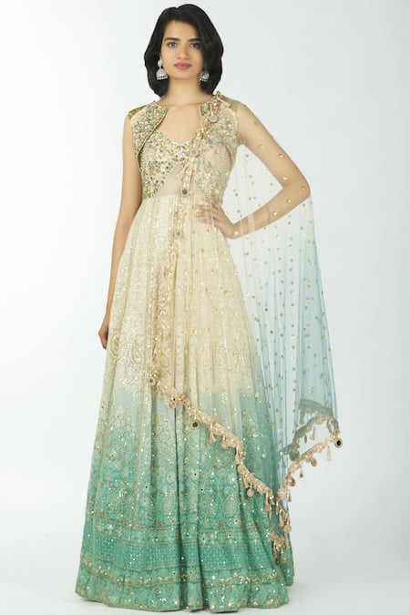 Buy Neha Mehta Couture White Lucknowi V Neck Jacket Anarkali With Dupatta Online at Aza Fashions Buy_Neha Mehta Couture_White Lucknowi V Neck Jacket Anarkali With Dupatta _Online_at_Aza_Fashions