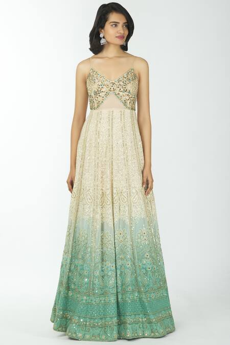 Shop Neha Mehta Couture White Lucknowi V Neck Jacket Anarkali With Dupatta Online at Aza Fashions Shop_Neha Mehta Couture_White Lucknowi V Neck Jacket Anarkali With Dupatta _Online_at_Aza_Fashions