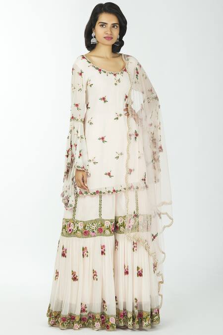 Neha Mehta Couture Pink Georgette Round Embroidered Kurta Sharara Set Online at Aza Fashions Neha Mehta Couture_Pink Georgette Round Embroidered Kurta Sharara Set _Online_at_Aza_Fashions