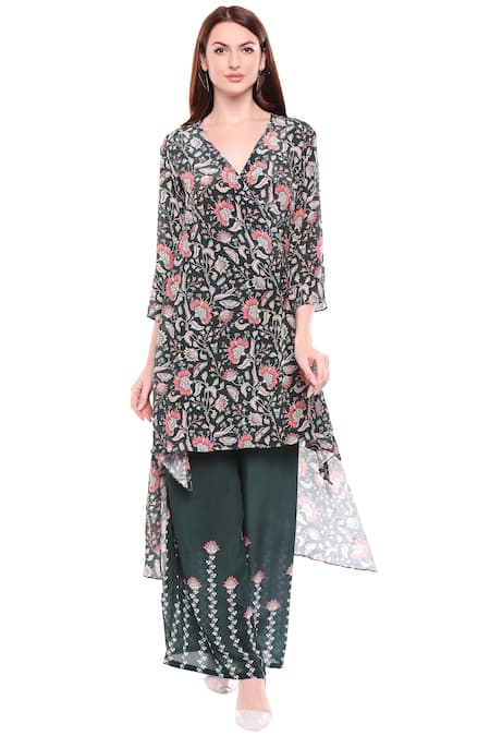 Soup By Sougat Paul_Green V Neck Printed Kurta Palazzo Set _Online_at_Aza_Fashions