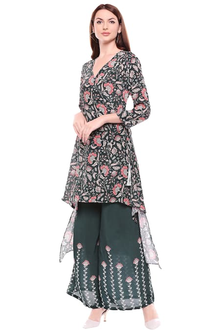 Buy_Soup By Sougat Paul_Green V Neck Printed Kurta Palazzo Set _Online_at_Aza_Fashions