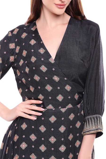 Buy_Soup By Sougat Paul_Black Malaysian Silk V Neck Printed Kurta Dhoti Pant Set _Online_at_Aza_Fashions