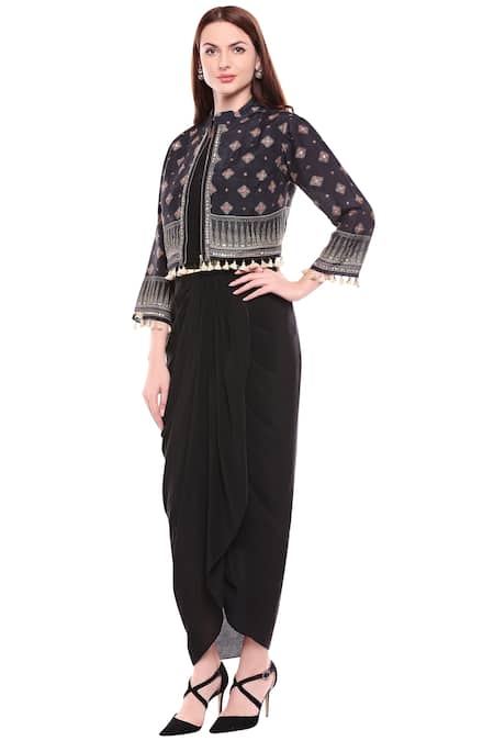 Soup By Sougat Paul_Black Crepe, Malaysian Silk Cutdana, Sequin Draped Dress With Printed Jacket _Online_at_Aza_Fashions
