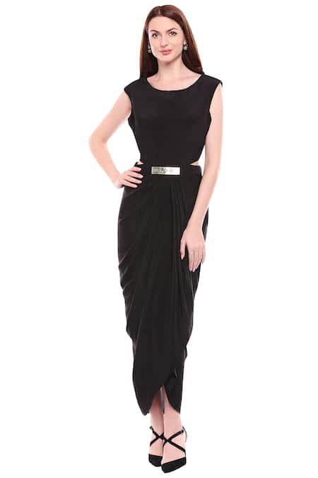 Buy_Soup By Sougat Paul_Black Crepe, Malaysian Silk Cutdana, Sequin Draped Dress With Printed Jacket _Online_at_Aza_Fashions