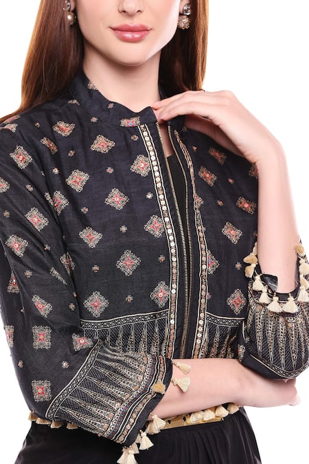Shop_Soup By Sougat Paul_Black Crepe, Malaysian Silk Cutdana, Sequin Draped Dress With Printed Jacket _Online_at_Aza_Fashions