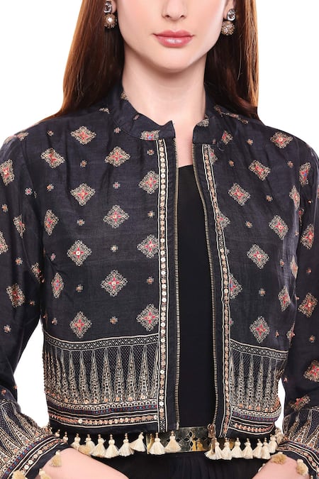 Soup By Sougat Paul_Black Crepe, Malaysian Silk Cutdana, Sequin Draped Dress With Printed Jacket _at_Aza_Fashions