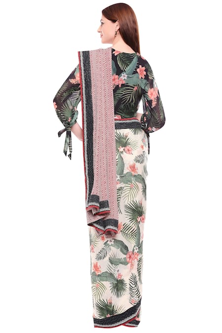 Shop Soup By Sougat Paul White Chiffon V Neck Printed Saree Set at Aza Fashions Shop_Soup By Sougat Paul_White Chiffon V Neck Printed Saree Set _at_Aza_Fashions