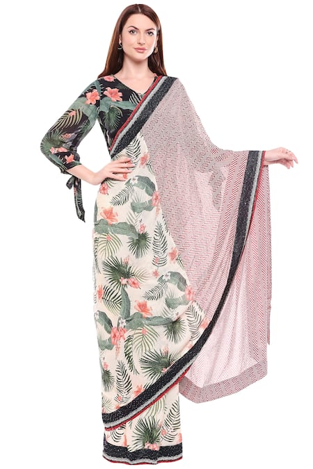 Soup By Sougat Paul White Chiffon V Neck Printed Saree Set Online at Aza Fashions Soup By Sougat Paul_White Chiffon V Neck Printed Saree Set _Online_at_Aza_Fashions