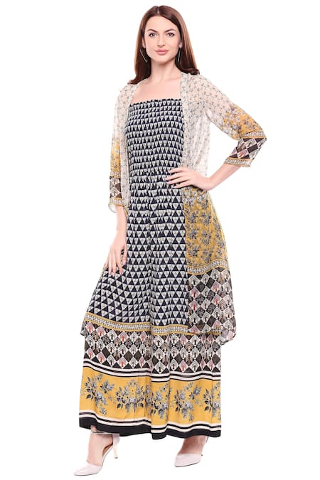 Soup By Sougat Paul_Black Organza, Crepe Floral, Geometric Square Neck Printed Jumpsuit With Jacket _Online_at_Aza_Fashions