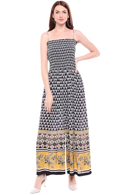 Buy_Soup By Sougat Paul_Black Organza, Crepe Floral, Geometric Square Neck Printed Jumpsuit With Jacket _Online_at_Aza_Fashions