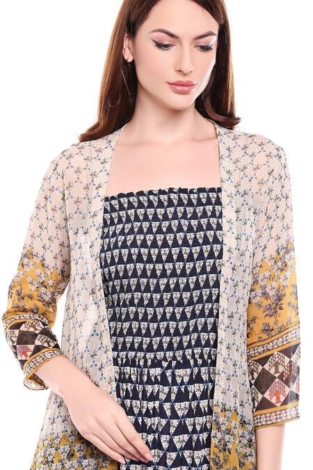 Shop_Soup By Sougat Paul_Black Organza, Crepe Floral, Geometric Square Neck Printed Jumpsuit With Jacket _Online_at_Aza_Fashions