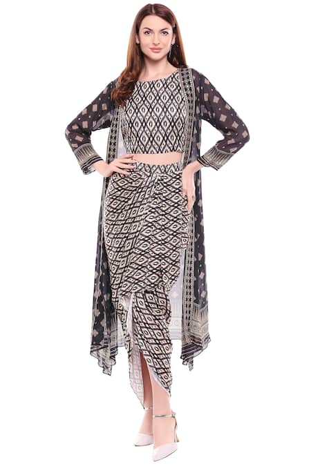 Soup By Sougat Paul_Black Organza, Satin Silk Round Printed Jacket Skirt Set _Online_at_Aza_Fashions