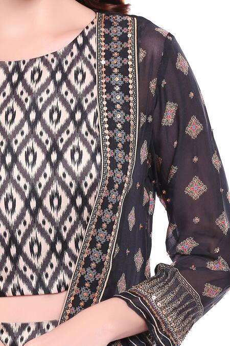 Soup By Sougat Paul_Black Organza, Satin Silk Round Printed Jacket Skirt Set _at_Aza_Fashions