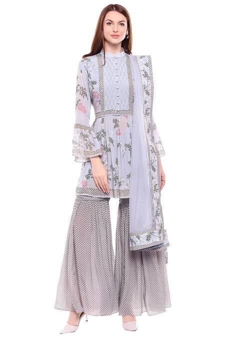Soup By Sougat Paul_Blue Net, Crepe Band Printed Kurta Sharara Set _Online_at_Aza_Fashions