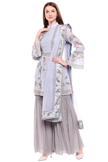 Buy_Soup By Sougat Paul_Blue Net, Crepe Band Printed Kurta Sharara Set _Online_at_Aza_Fashions