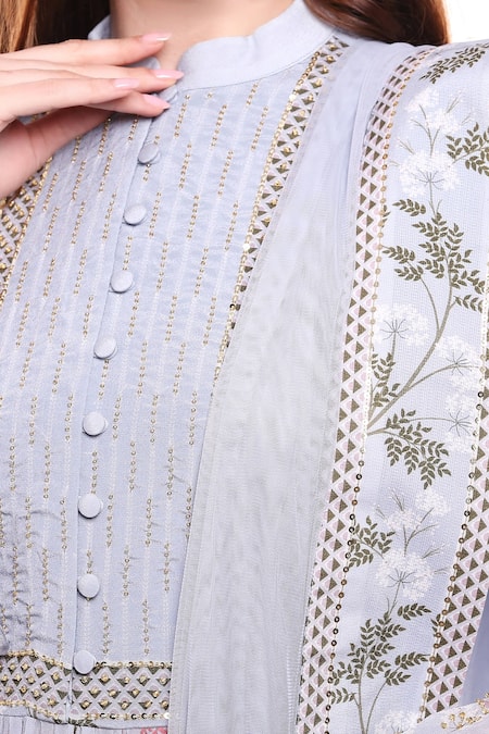 Soup By Sougat Paul_Blue Net, Crepe Band Printed Kurta Sharara Set _at_Aza_Fashions