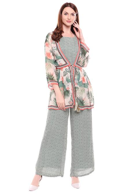 Soup By Sougat Paul_White Chiffon Round Printed Jumpsuit With Jacket _Online_at_Aza_Fashions