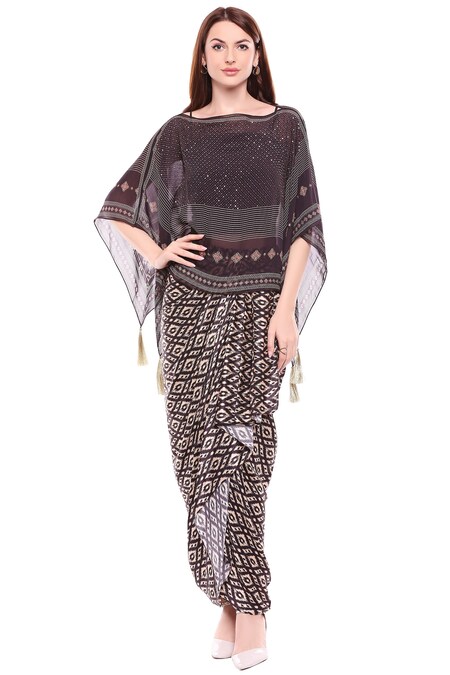 Soup by Sougat Paul Brown Chiffon Round Printed Draped Skirt Set