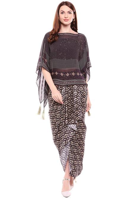 Soup By Sougat Paul_Brown Chiffon, Satin Round Printed Draped Skirt Set_Online_at_Aza_Fashions