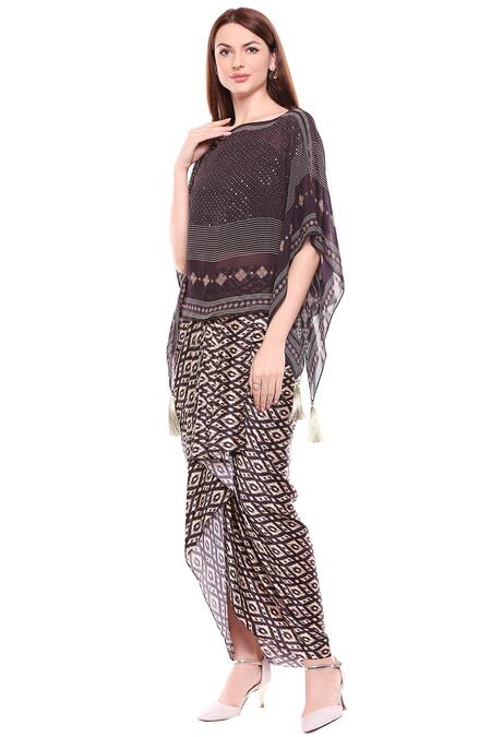 Buy_Soup By Sougat Paul_Brown Chiffon, Satin Round Printed Draped Skirt Set_Online_at_Aza_Fashions