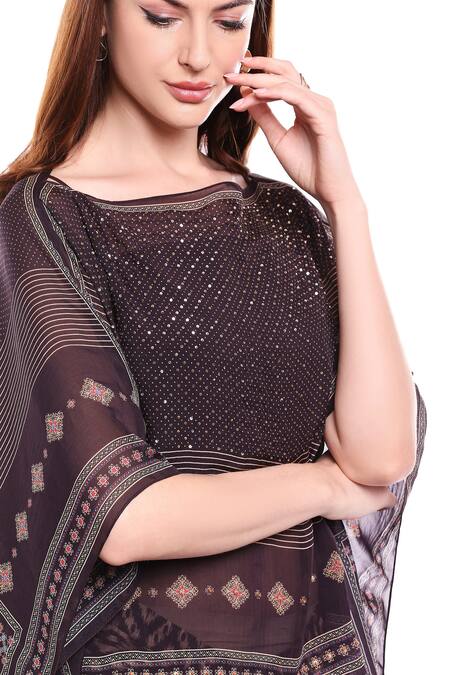 Shop_Soup By Sougat Paul_Brown Chiffon, Satin Round Printed Draped Skirt Set_Online_at_Aza_Fashions