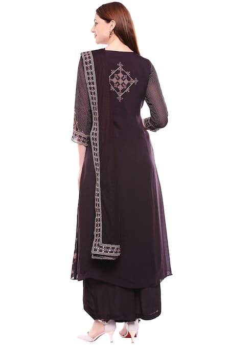 Shop_Soup by Sougat Paul_Brown Net, Chiffon, Satin Round Printed Kurta Palazzo Set _at_Aza_Fashions