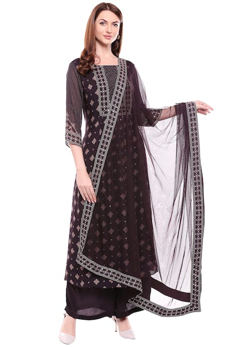 Soup by Sougat Paul_Brown Net, Chiffon, Satin Round Printed Kurta Palazzo Set _Online_at_Aza_Fashions
