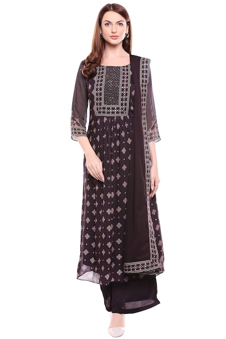 Buy_Soup by Sougat Paul_Brown Net, Chiffon, Satin Round Printed Kurta Palazzo Set _Online_at_Aza_Fashions
