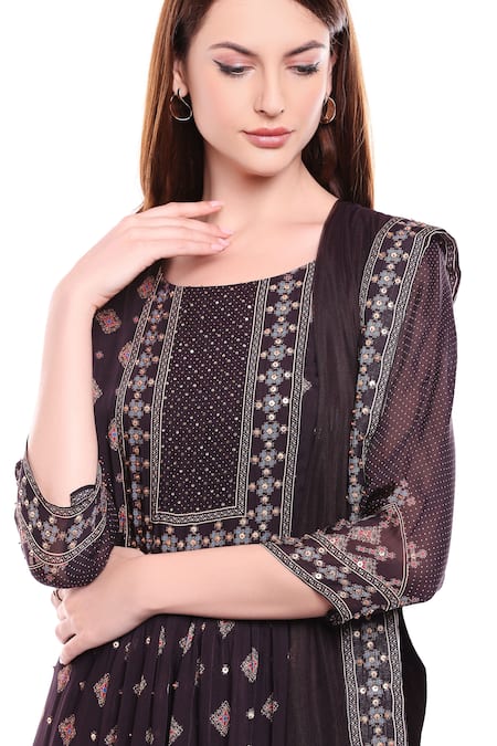 Shop_Soup by Sougat Paul_Brown Net, Chiffon, Satin Round Printed Kurta Palazzo Set _Online_at_Aza_Fashions