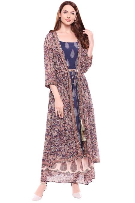 Soup By Sougat Paul_Blue Chiffon, Muslin Slub Round Printed Jacket Skirt Set_Online_at_Aza_Fashions