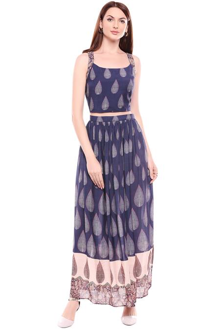 Buy_Soup By Sougat Paul_Blue Chiffon, Muslin Slub Round Printed Jacket Skirt Set_Online_at_Aza_Fashions