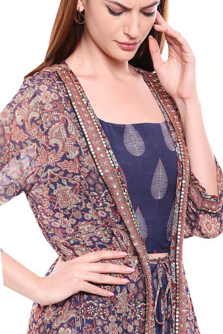 Shop_Soup By Sougat Paul_Blue Chiffon, Muslin Slub Round Printed Jacket Skirt Set_Online_at_Aza_Fashions