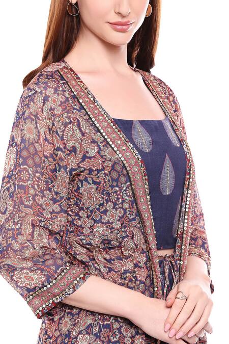 Soup By Sougat Paul_Blue Chiffon, Muslin Slub Round Printed Jacket Skirt Set_at_Aza_Fashions