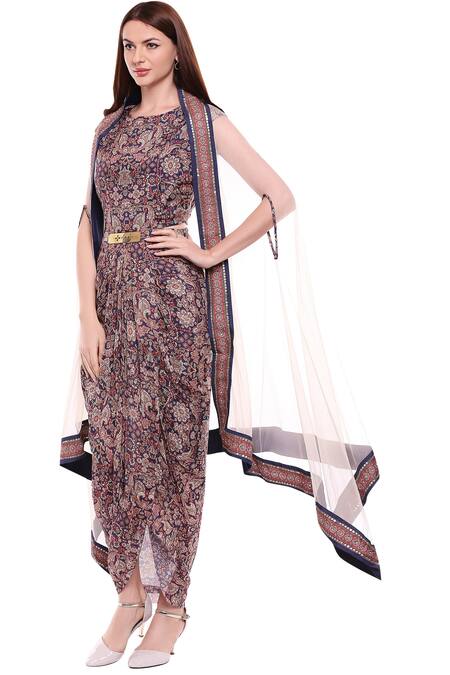 Soup By Sougat Paul_Blue Cotton, Net Round Printed Dress With Cape _Online_at_Aza_Fashions