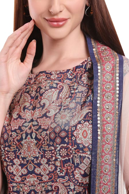 Shop_Soup By Sougat Paul_Blue Cotton, Net Round Printed Dress With Cape _Online_at_Aza_Fashions