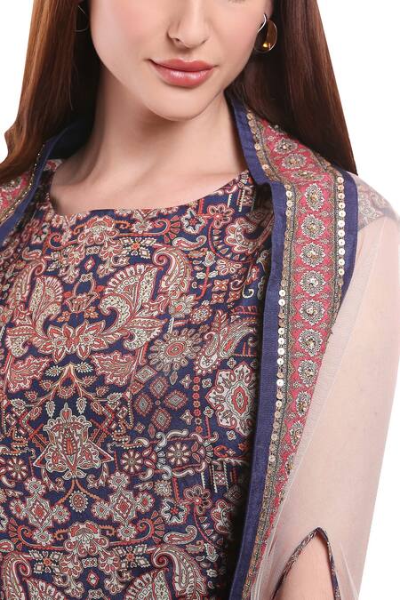 Soup By Sougat Paul_Blue Cotton, Net Round Printed Dress With Cape _at_Aza_Fashions