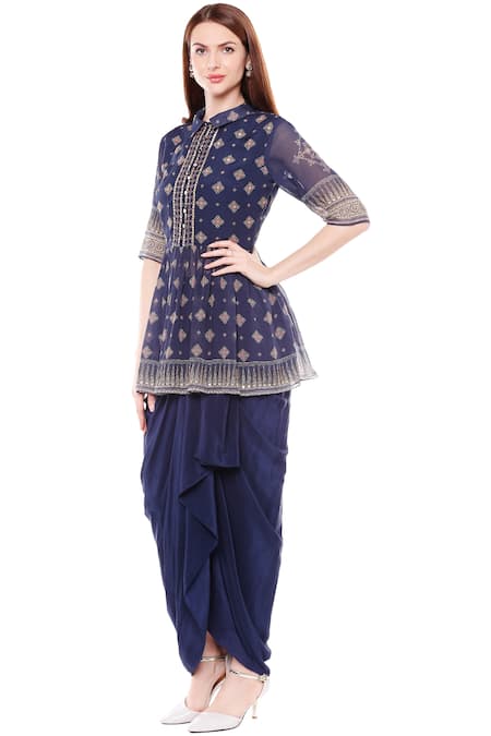 Soup By Sougat Paul_Blue Chiffon, Satin Spread Collar Printed Draped Skirt Set _Online_at_Aza_Fashions