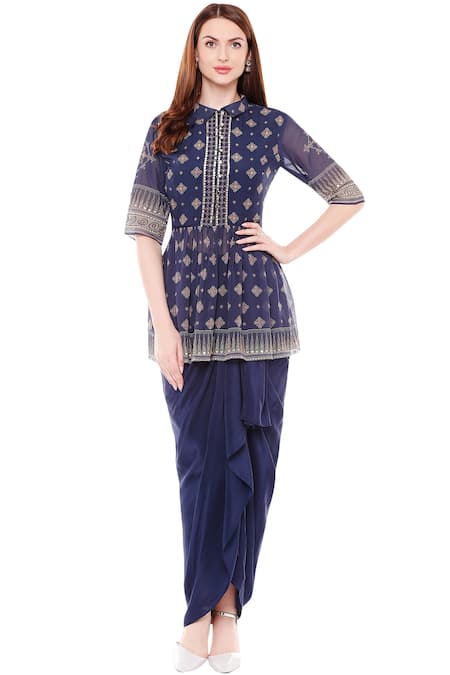 Buy_Soup By Sougat Paul_Blue Chiffon, Satin Spread Collar Printed Draped Skirt Set _Online_at_Aza_Fashions