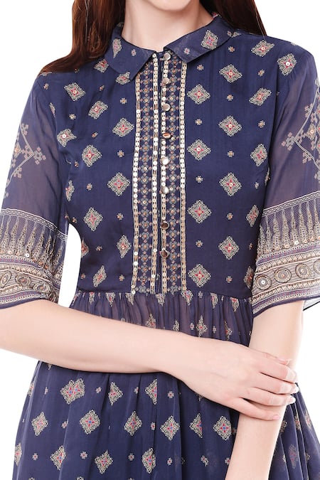 Shop_Soup By Sougat Paul_Blue Chiffon, Satin Spread Collar Printed Draped Skirt Set _Online_at_Aza_Fashions