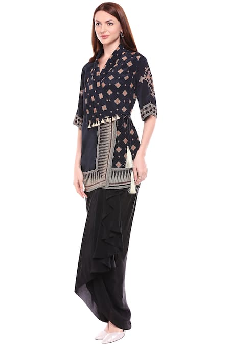 Buy_Soup By Sougat Paul_Black Crepe Floral Flap Lapel Printed Draped Skirt Set _Online_at_Aza_Fashions