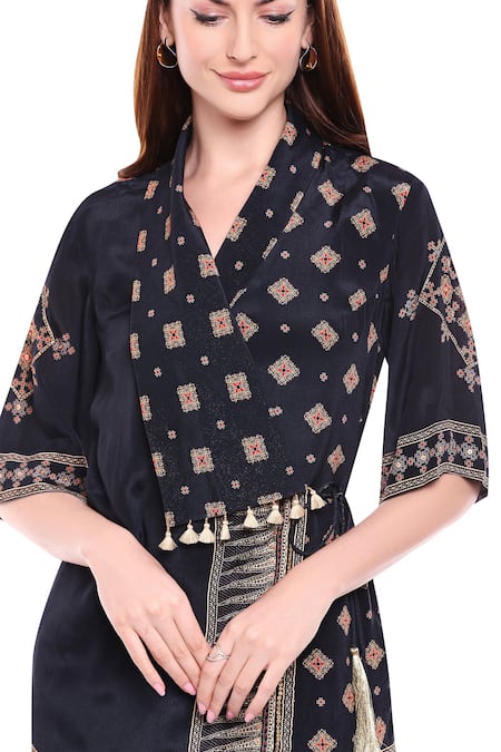 Shop_Soup By Sougat Paul_Black Crepe Floral Flap Lapel Printed Draped Skirt Set _Online_at_Aza_Fashions